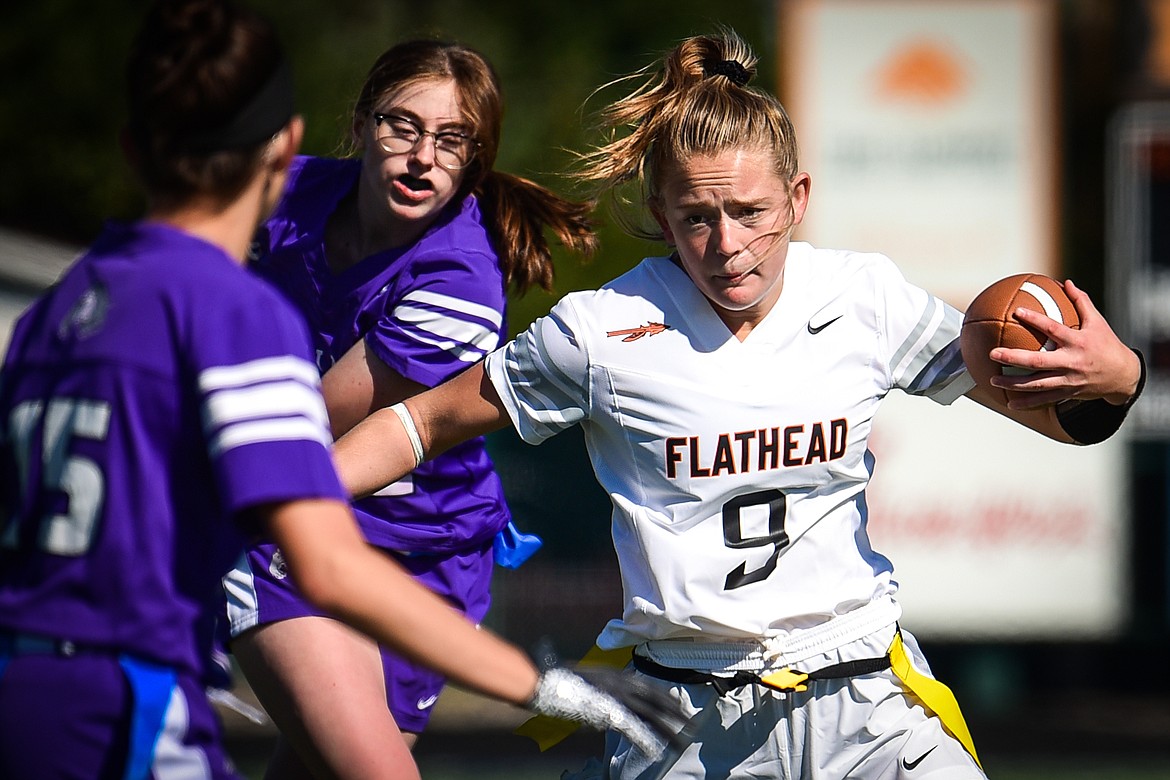 Flathead quarterback Tali Miller (9) heads upfield on a run against Butte at Legends Stadium on Saturday, Sept. 10. (Casey Kreider/Daily Inter Lake)