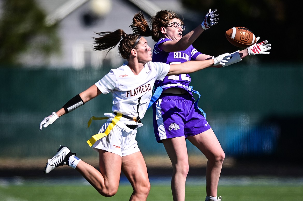 Flathead's Peyton Walker (1) defends a pass attempt to Butte's Olivia Spear (22) at Legends Stadium on Saturday, Sept. 10. (Casey Kreider/Daily Inter Lake)