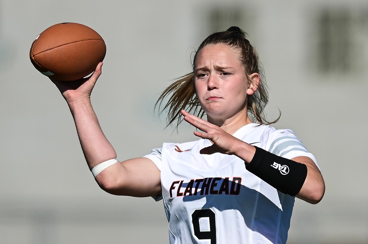 Flathead quarterback Tali Miller (9) looks to pass during a game against Butte at Legends Stadium on Saturday, Sept. 10. (Casey Kreider/Daily Inter Lake)