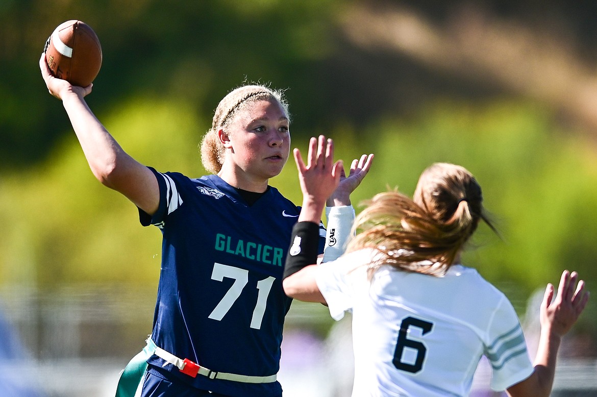 Glacier quarterback Kia Johnson (71) looks for an open receiver against Flathead at Legends Stadium on Saturday, Sept. 10. (Casey Kreider/Daily Inter Lake)