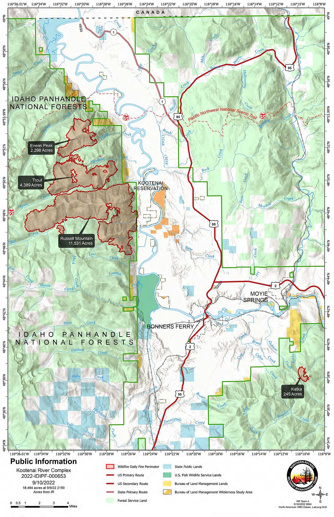 A map showing the Kootenai River Complex Fires.