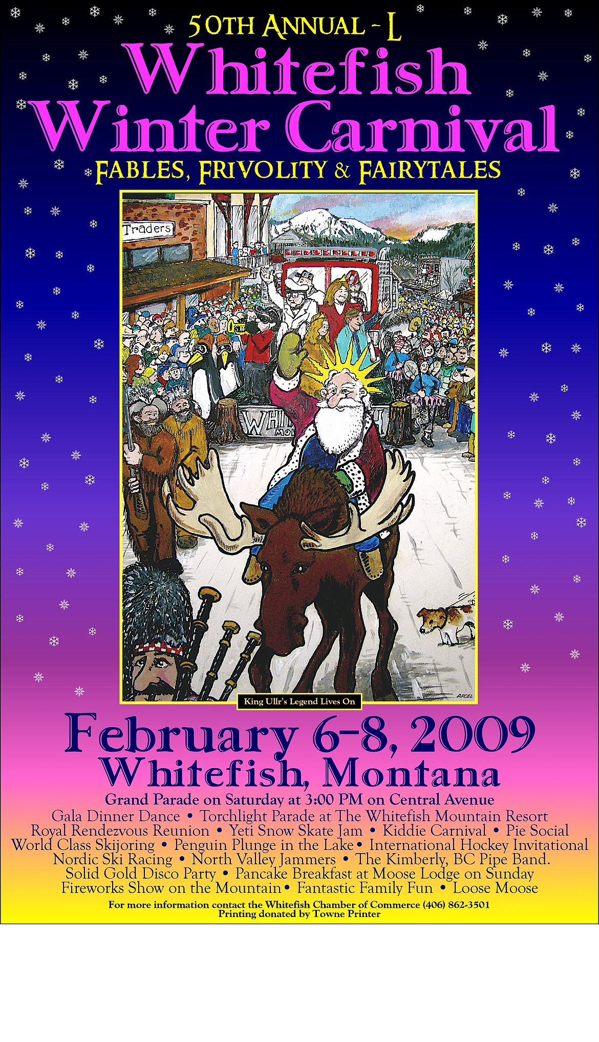 The 50th annual Whitefish Winter Carnival poster featuring original art by Jeff Arcel.
Arcel was the main artist and designer for the carnival's posters from 2005 to 2019.