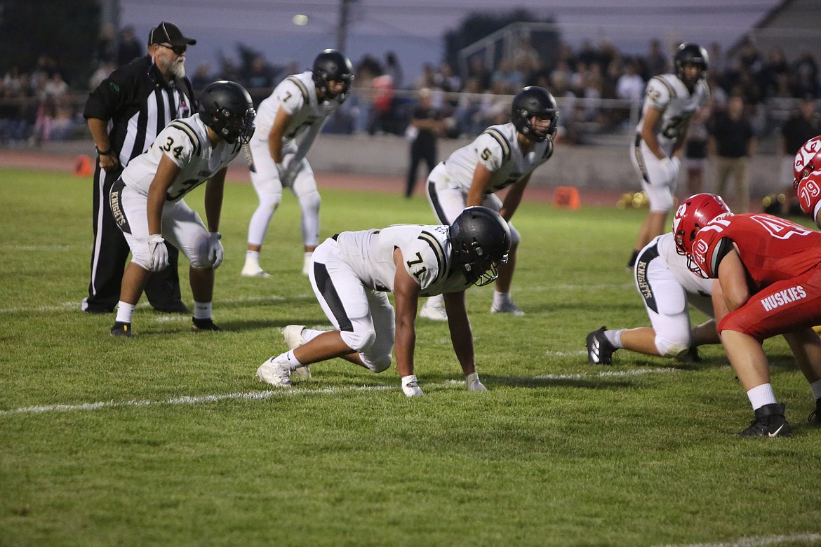 Royal’s Juan Morales (71) lines up at defensive end during the Knights’ 14-0 shutout win over Othello on Friday.