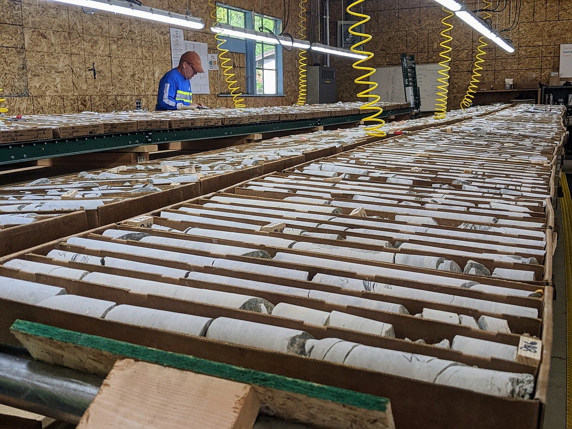 Boxes of drilling cores are laid out for inspection at the Sunshine Mine.
