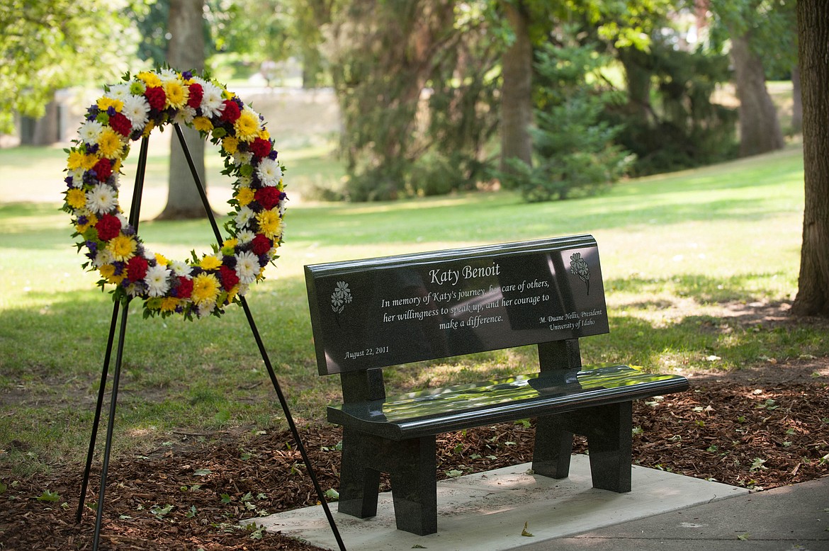 A bench on the University of Idaho campus in Moscow remembering Katy Benoit.