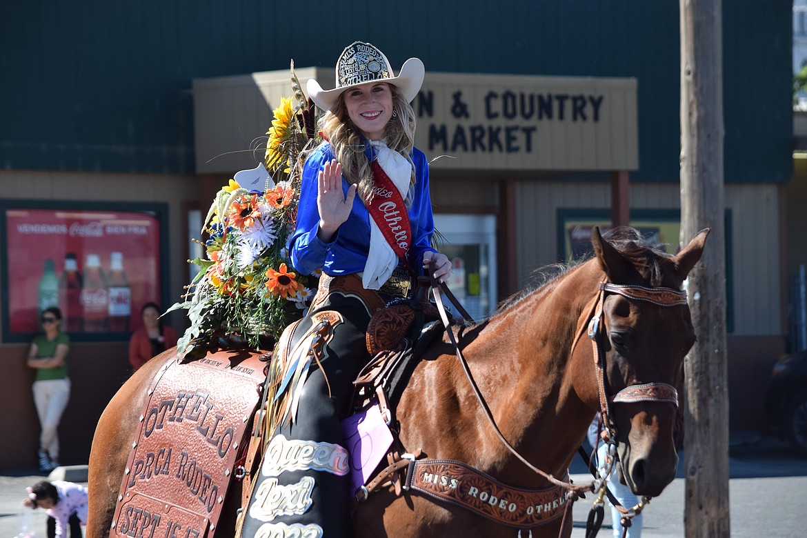 Miss Othello Rodeo 2022 Lexi Hagins rides her horse Eddie along Main Avenue in downtown Warden during this year’s Warden Community Days Parade on Monday, Sept. 5.