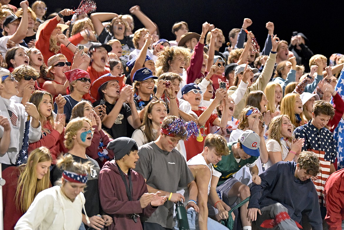 The Whitefish High School student section goes wild as the Bulldogs win over Butte Central on Friday night. (Whitney England/Whitefish Pilot)
