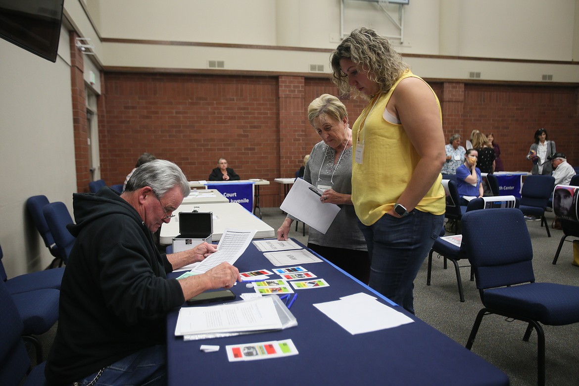 Nicole Rumpel, right, and Hanna Liebenau visit a vendor station run by Howard Richter as they pawn items for money in a simulated poverty experience Tuesday in Community United Methodist Church.