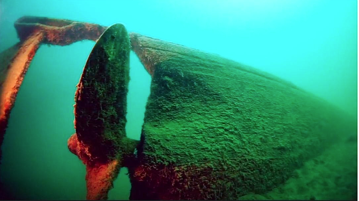 A video still showing the propeller of the Kee-O-Mee at its final resting place in Somers Bay. (credit Ky Zimmerman)