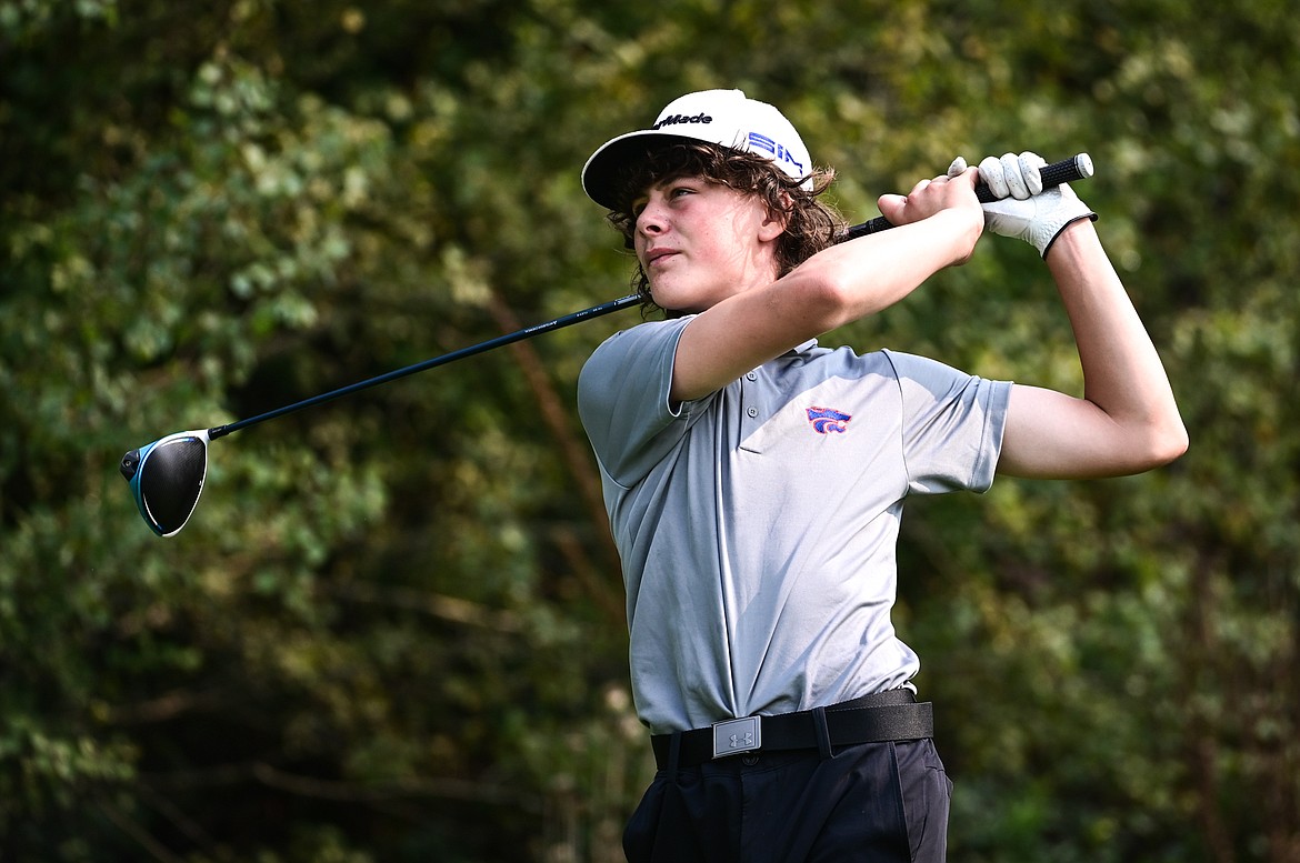 Columbia Falls' (No. 1 - in WF's Billy Smith's group) watches his drive on the 15th tee during the Kalispell Invite at Northern Pines Golf Club on Wednesday, Sept. 14. (Casey Kreider/Daily Inter Lake)