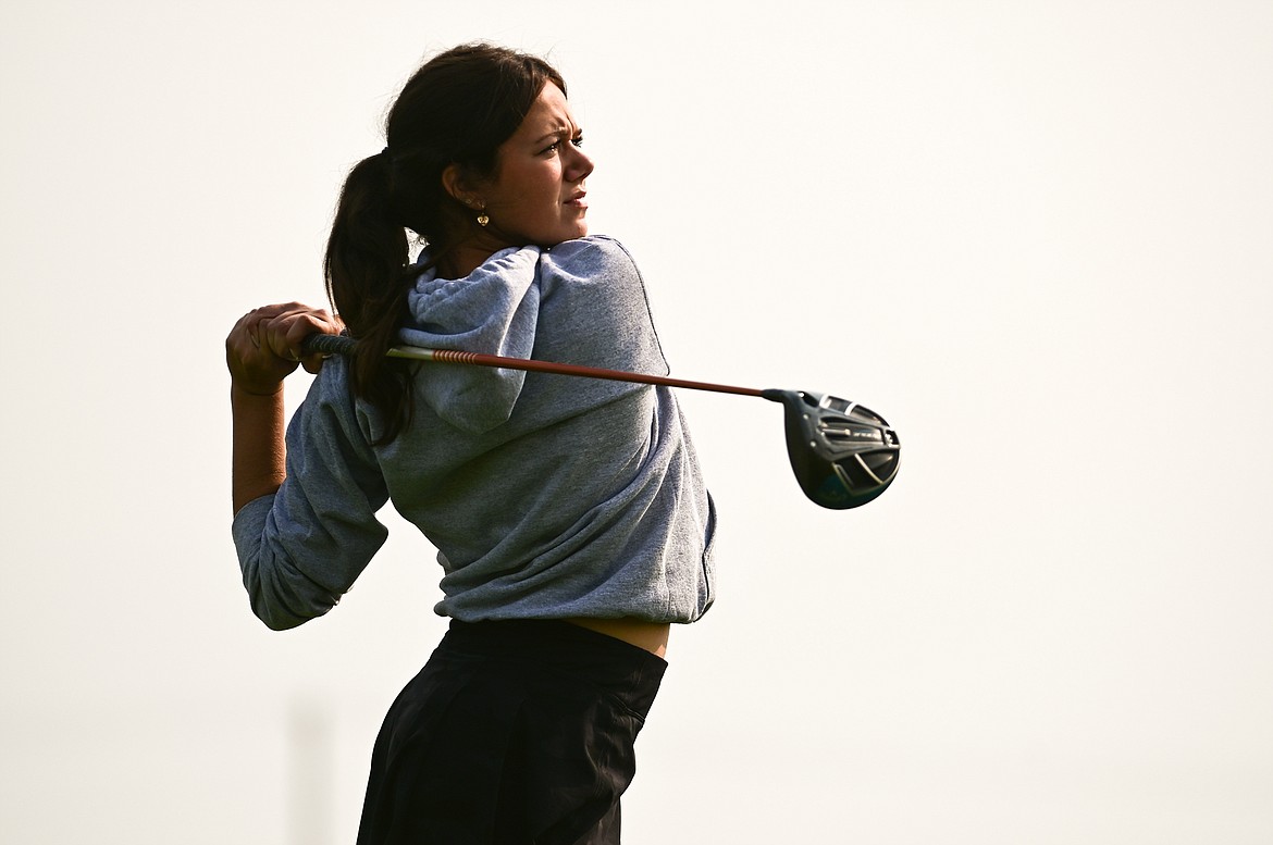 Glacier's Chloe Tanner watches her drive on the 7th tee during the Kalispell Invite at Northern Pines Golf Club on Wednesday, Sept. 14. (Casey Kreider/Daily Inter Lake)