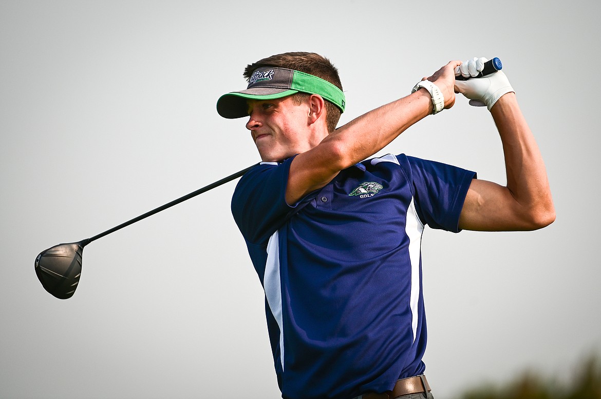 Glacier's Tyler Avery watches his drive on the 10th tee during the Kalispell Invite at Northern Pines Golf Club on Wednesday, Sept. 14. (Casey Kreider/Daily Inter Lake)