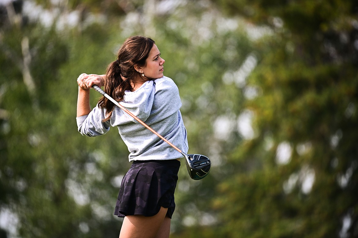 Glacier's Chloe Tanner watches her drive on the 8th tee during the Kalispell Invite at Northern Pines Golf Club on Wednesday, Sept. 14. (Casey Kreider/Daily Inter Lake)