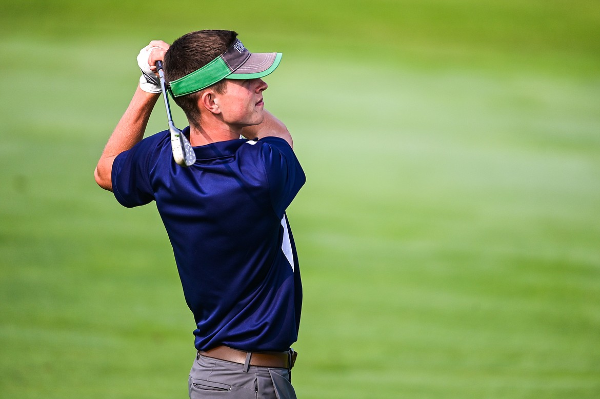 Glacier's Tyler Avery watches his approach on the 9th fairway during the Kalispell Invite at Northern Pines Golf Club on Wednesday, Sept. 14. (Casey Kreider/Daily Inter Lake)