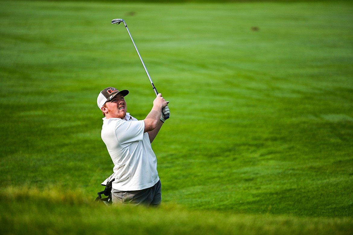 Flathead's Tyler Williams watches his approach on the 9th fairway during the Kalispell Invite at Northern Pines Golf Club on Wednesday, Sept. 14. (Casey Kreider/Daily Inter Lake)