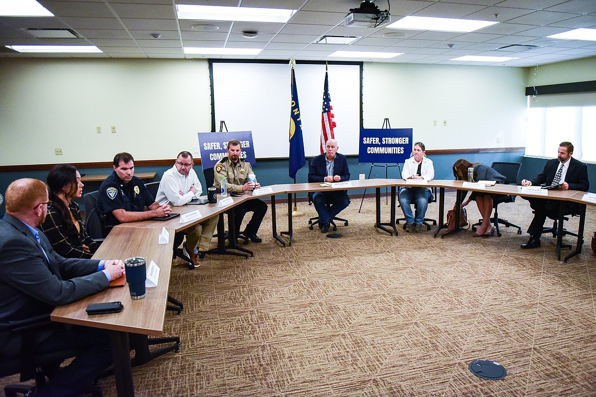 Gov. Greg Gianforte, center, hosted a public safety roundtable discussion at the Kalispell Senior Center on Thursday, Sept. 15. (Casey Kreider/Daily Inter Lake)