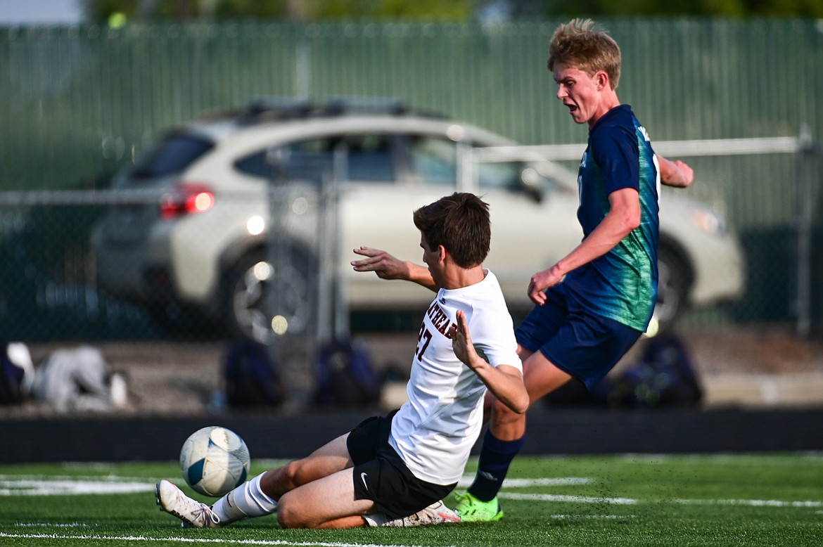 Glacier's Liam Ells (11) scores a first-half goal against Flathead at Legends Stadium on Thursday, Sept. 15. (Casey Kreider/Daily Inter Lake)