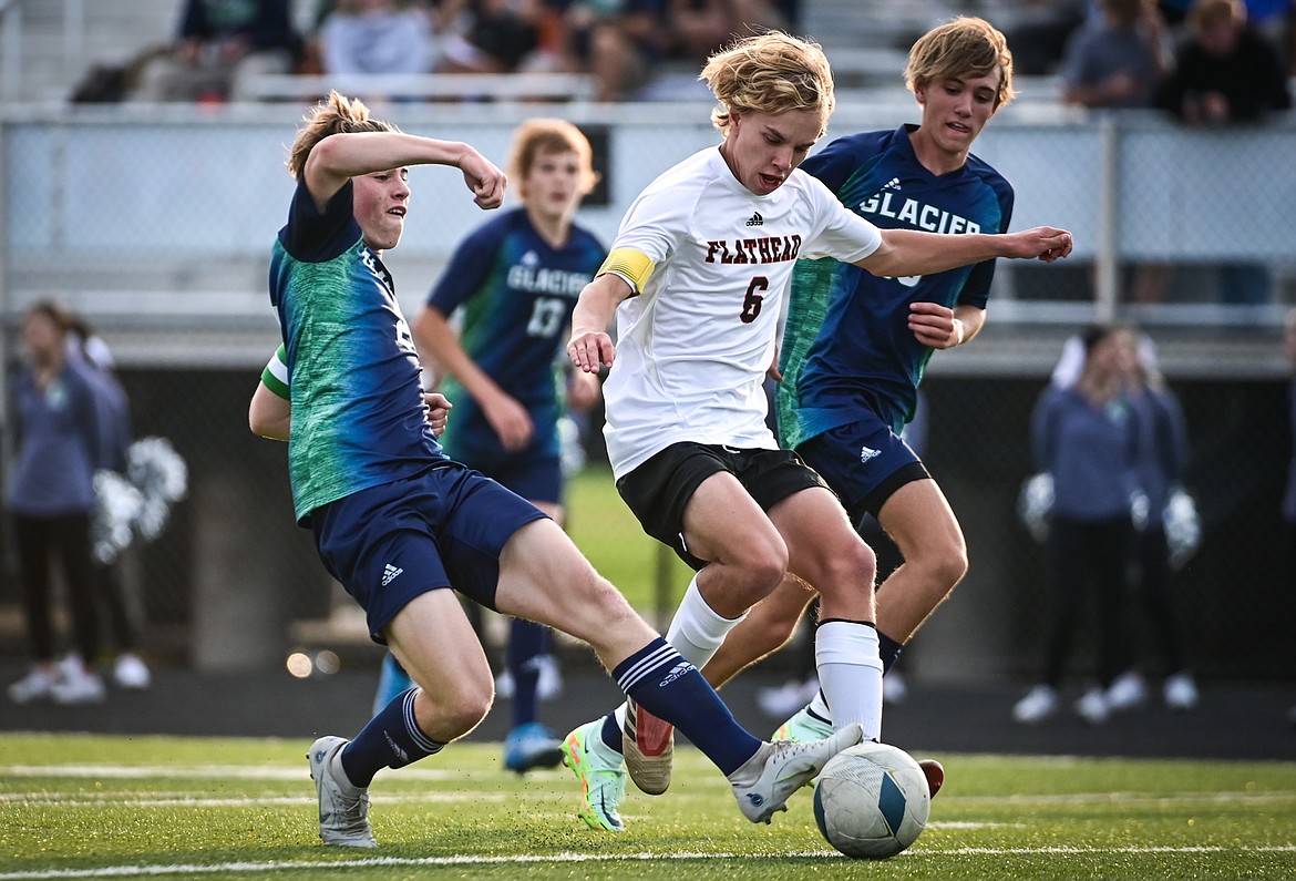 Glacier's Harrison Sanders (2) works for a shot on goal against Flathead at Legends Stadium on Thursday, Sept. 15. (Casey Kreider/Daily Inter Lake)