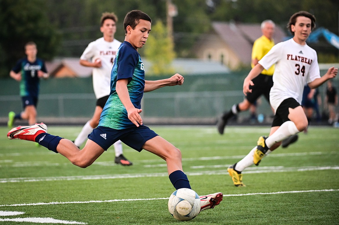 Glacier's Alex Hoerner (4) looks to shoot in the second half against Flathead at Legends Stadium on Thursday, Sept. 15. (Casey Kreider/Daily Inter Lake)