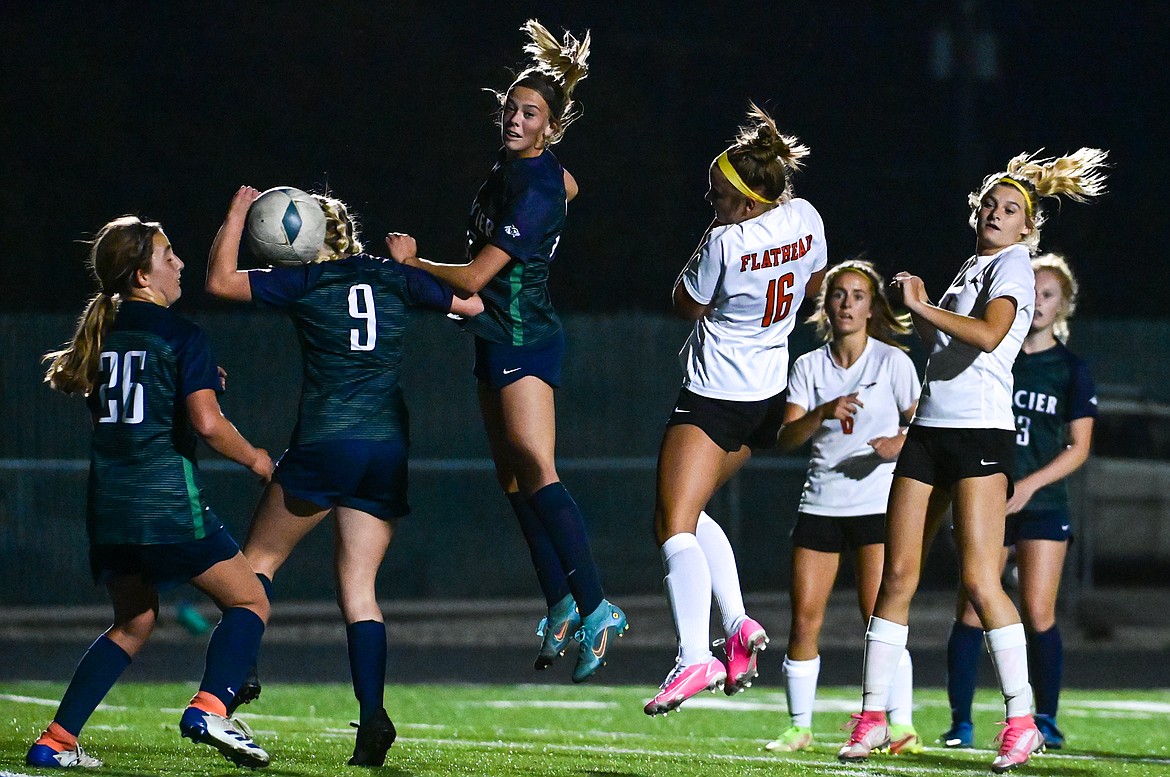 Flathead's Kyrie Gislason (16) scores off a corner kick in the first half against Glacier at Legends Stadium on Thursday, Sept. 15. (Casey Kreider/Daily Inter Lake)