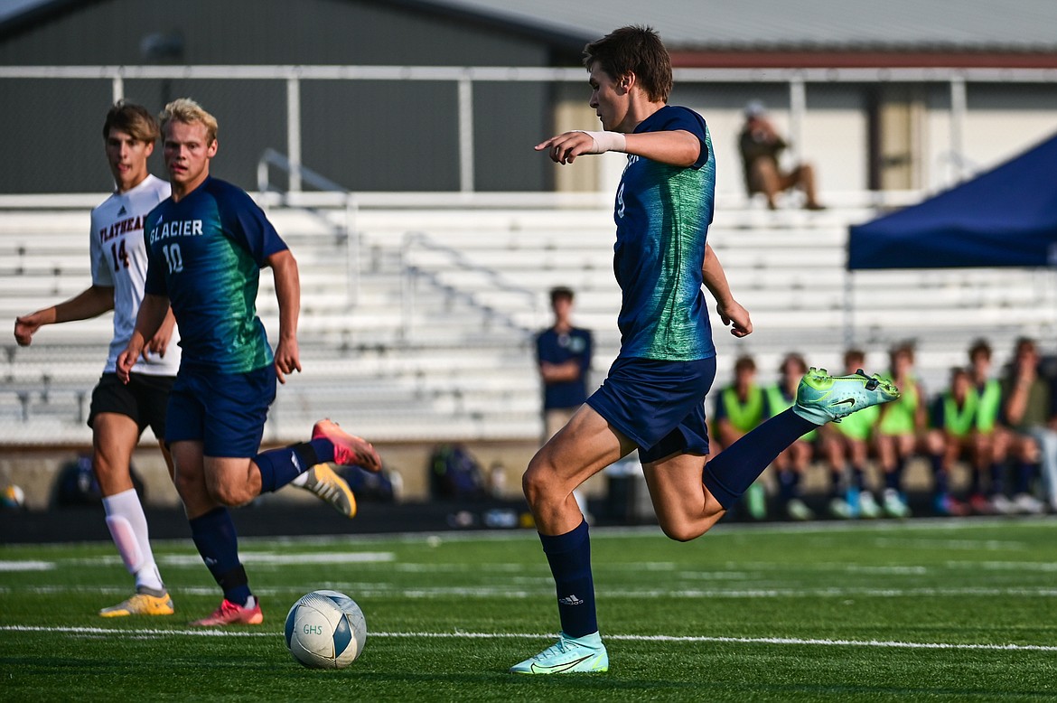 Glacier's Bridger Dalla Betta (9) scores a goal in the first half against Flathead at Legends Stadium on Thursday, Sept. 15. (Casey Kreider/Daily Inter Lake)