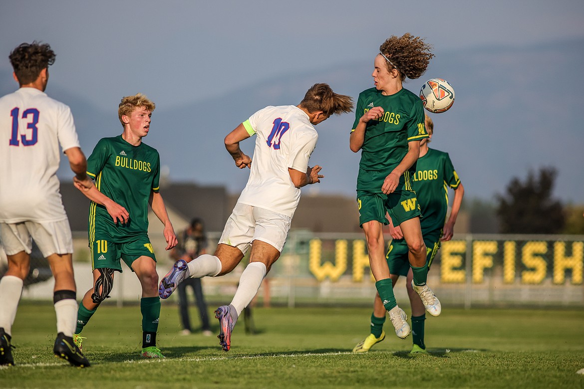 Columbia Falls senior Kai Golan finds the game breaking goal in the final minutes of the game against Whitefish on Thursday Sept. 15 at Smith Fields in Whitefish. (JP Edge/Hungry Horse News)