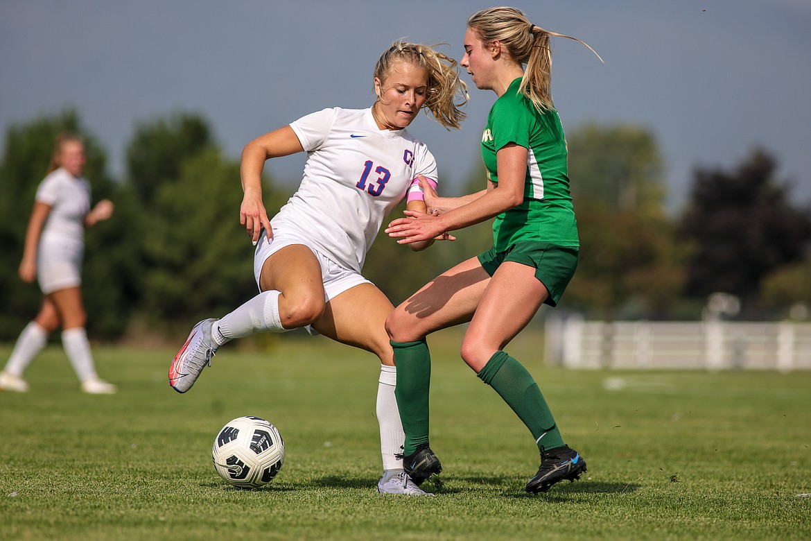 Columbia Falls' Sydney Mann dribbles around Bulldogs Madeline Muhlfeld on Thursday Sept. 15, at Smith Fields in Whitefish. (JP Edge/Hungry Horse News)