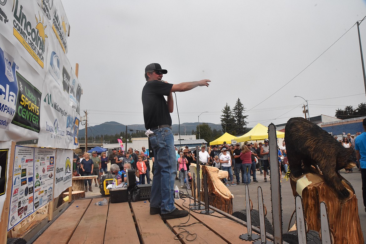 Legendary carver and auctioneer Boaz Backus had a great time at the Kootenai Country Montana International Chainsaw Carving Championship. (Scott Shindledecker/The Western News)