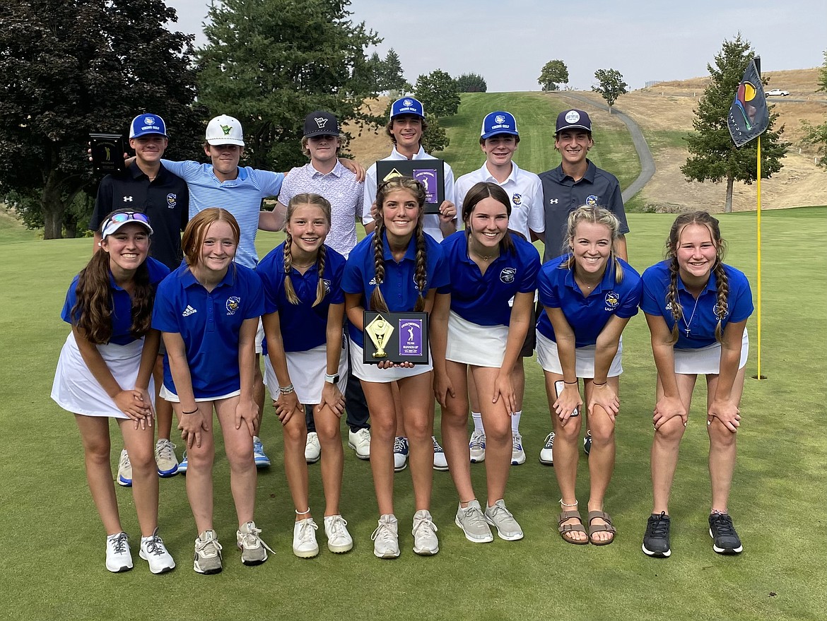 Courtesy photo
The Coeur d'Alene boys and girls golf teams competed in the Lewiston Invitational on Thursday at Bryden Canyon Golf Course, with the Viking boys winning the tournament and girls finishing second. In the front row are Hayden Crenshaw, Mady Riley, Stella Deitz, Sophie Vignale, Peyton Blood, Taylor Potter and Addie Garcia. In the back are Gavin Duvall, Grant Potter, Trey Nipp, Luke West, Ben Crabb and Jameson Dale.