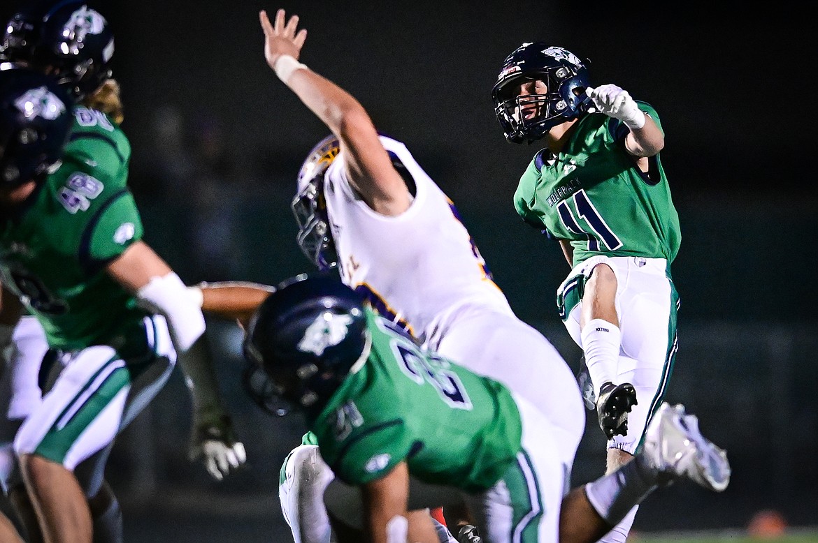 Glacier kicker Rhett Measure (11) watches a 38-yard field goal sail through the uprights in the fourth quarter against Missoula Sentinel at Legends Stadium on Friday, Sept. 16. (Casey Kreider/Daily Inter Lake)