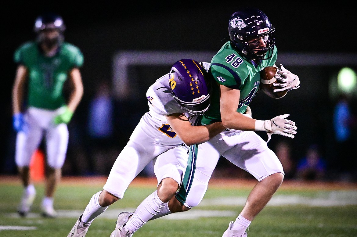 Glacier tight end Van Scholten (48) picks up yardage after a reception in the fourth quarter against Missoula Sentinel at Legends Stadium on Friday, Sept. 16. (Casey Kreider/Daily Inter Lake)