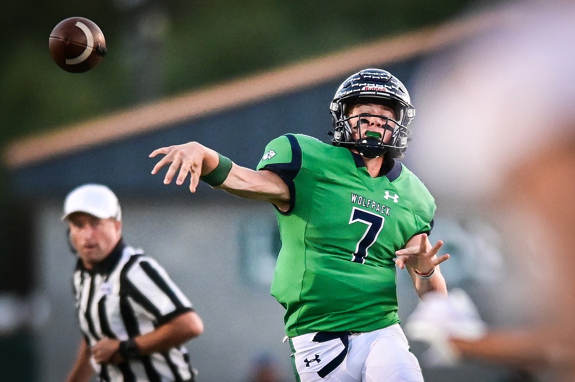 Glacier quarterback Gage Sliter (7) fires a pass in the secon quarter against Missoula Sentinel at Legends Stadium on Friday, Sept. 16. (Casey Kreider/Daily Inter Lake)