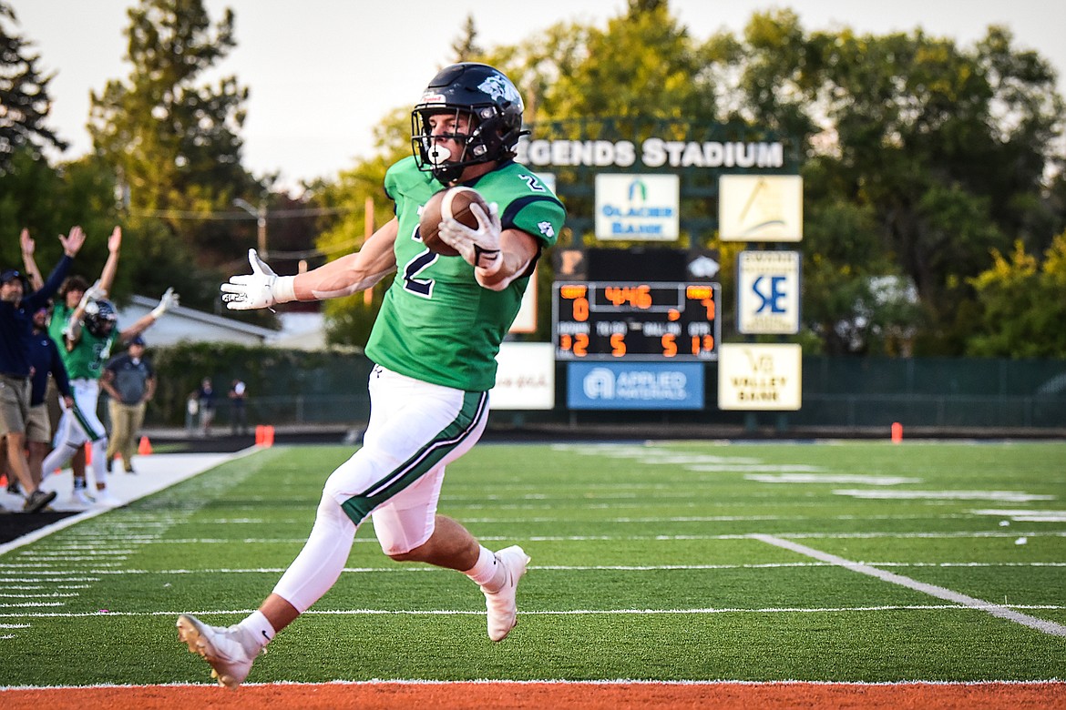 Glacier running back Jackson Hensley (2) scores a touchdown on a run in the first quarter against Missoula Sentinel at Legends Stadium on Friday, Sept. 16. (Casey Kreider/Daily Inter Lake)