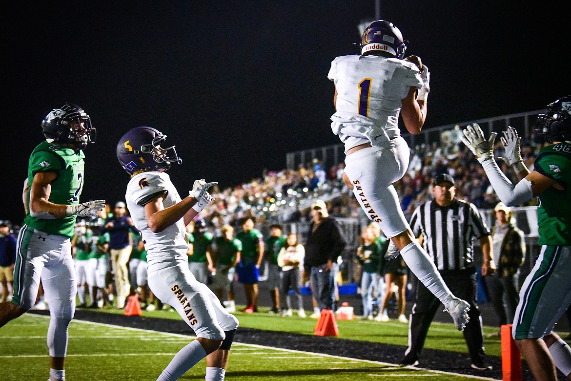 Missoula Sentinel defensive back Karsen Beitz (1) comes up with an interception on a fourth down pass into the end zone by Glacier at Legends Stadium on Friday, Sept. 16. (Casey Kreider/Daily Inter Lake)