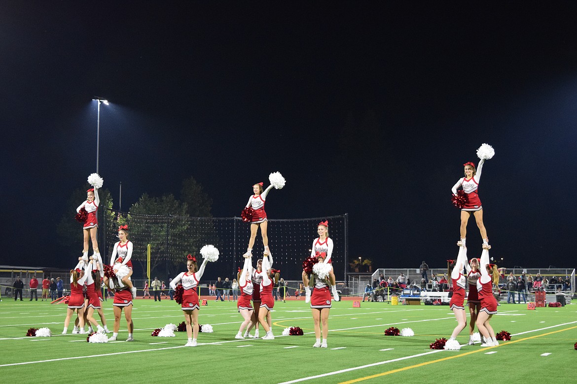 The Bulldogs cheer squad put on a show at halftime Friday night. The squad had much to cheer about at the end of the day following a strong performance on the gridiron by local players against a challenging visiting team.