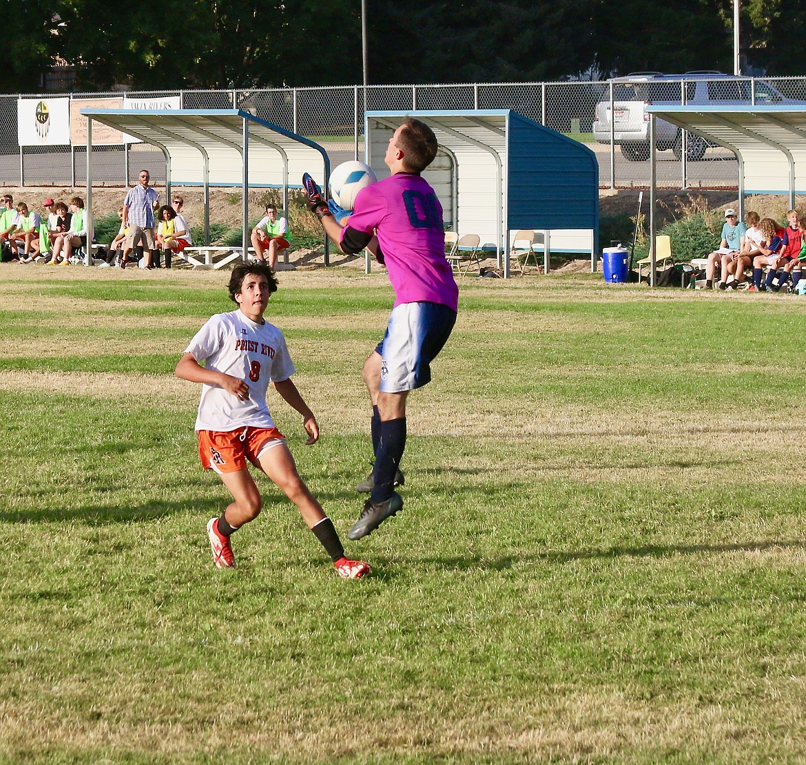 Goalkeeper Roger Naylor protects the goal against Priest River.