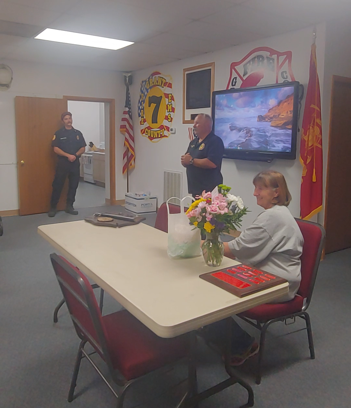 From left to right, Deputy Chief Viktor Bragar, Kirk Sheppard and Patricia Sheppard at the open house Friday afternoon.