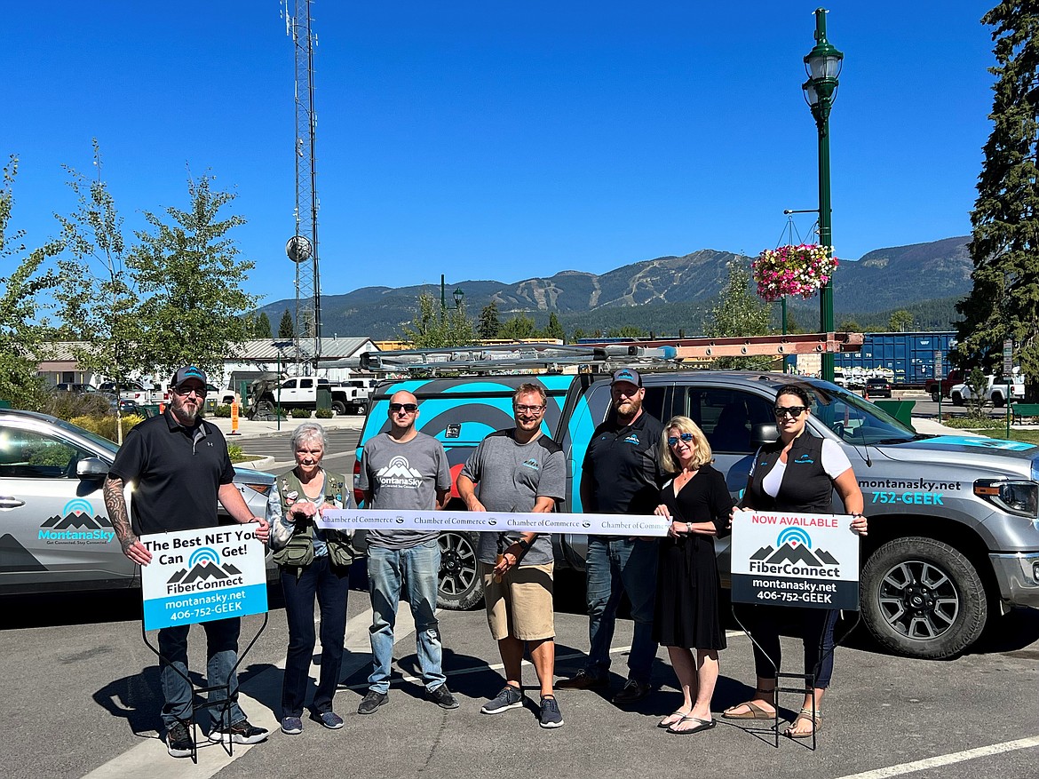 MontanaSky recently held a ribbon cutting ceremony with the Whitefish Chamber of Commerce. Pictured is Whitefish Chamber ambassadors holding the ribbon, and MontanaSky’s management team there to celebrate; (from left to right) Jeremy Holm, Outside Plant Director; Anthony Rogers, IT Department Manager; Ryan Bowman, CEO; Eric Waier, Wireless Department Director; Amber Pacheco-Holm, Sales & Marketing Manager. (Provided photo)