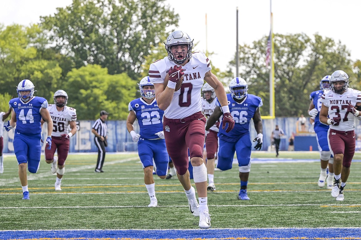 Kale Edwards (0) of the Montana Grizzlies runs the ball in for a touchdown in the first quarter of an FCS game against the Indiana State Sycamores at Indiana State University Memorial Stadium on Saturday, Sept. 17, in Terre Haute, Ind. (Photo by Tommy Martino/UM Athletics)