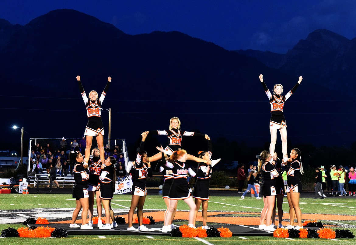 The Ronan Cheerleaders perform during halftime of the homecoming football game Friday in Ronan. (Marla Hall/Lake County Leader)