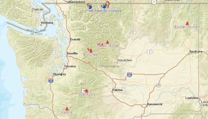 There are eight wildfires currently burning in the state of Washington including two on the state's northern border with Canada. None of the fires are currently in the Columbia Basin, but smoke is still visible on the horizon from fires in the state.