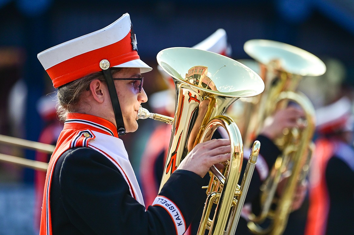 Members of the marching band perform during the Flathead High School Homecoming Parade along Main Street on Wednesday, Sept. 21. (Casey Kreider/Daily Inter Lake)
