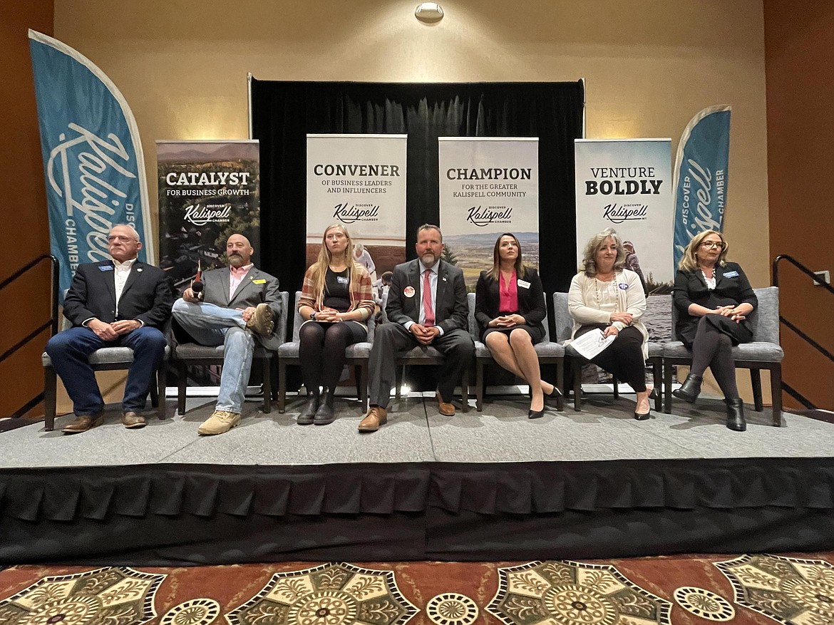 From left, John Fuller, Sid Daoud, Andrea Getts, Kyle Waterman, Courtenay Sprunger, Angela Kennedy and Lyn Bennet at a legislative candidate forum hosted by the Kalispell Chamber of Commerce on Tuesday in Kalispell. (Matt Baldwin/Daily Inter Lake)