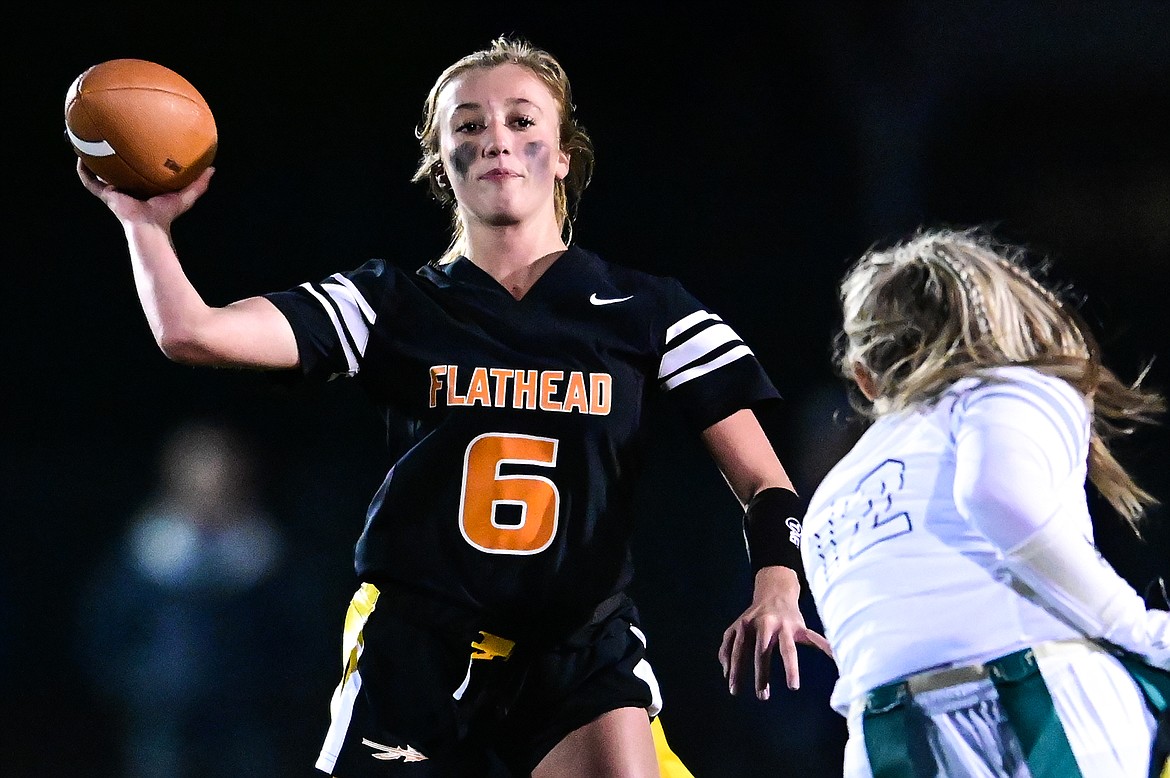 Flathead quarterback Harlie Roth (6) drops back to pass in the second half against Glacier at Legends Stadium on Thursday, Sept. 22. (Casey Kreider/Daily Inter Lake)