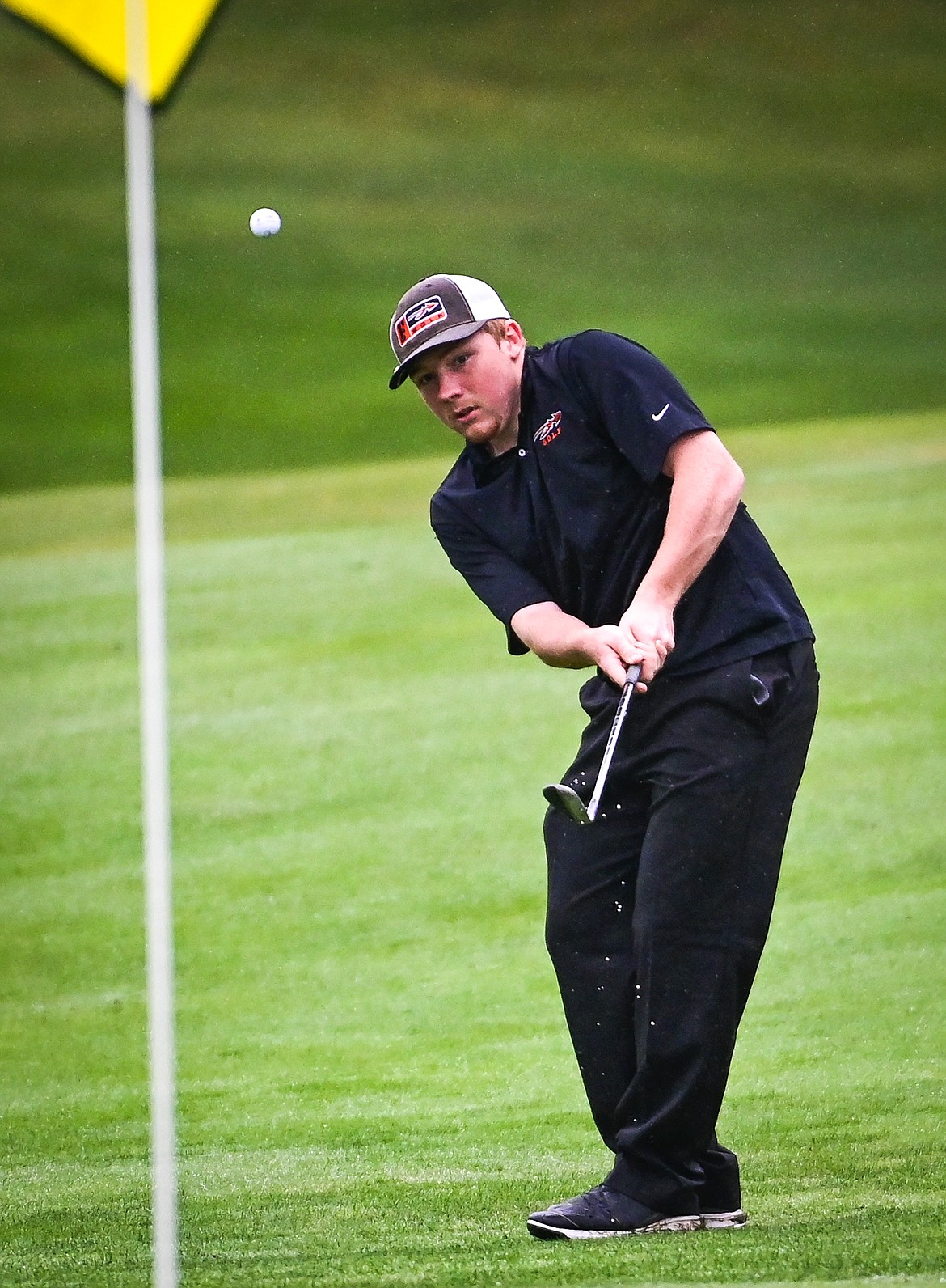 Flathead's Tyler Williams chips onto the green on the first hole during Western AA Divisionals at Buffalo Hill Golf Club on Thursday, Sept. 22. (Casey Kreider/Daily Inter Lake)