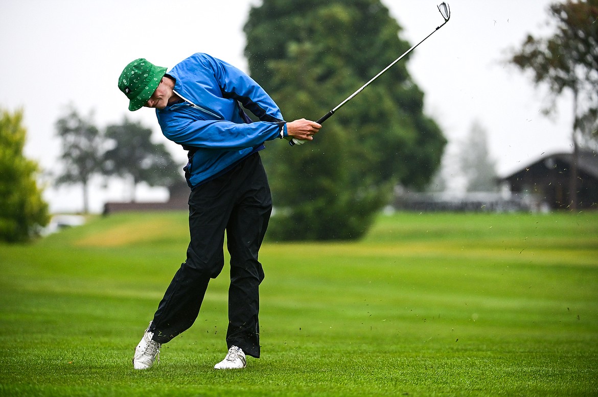 Glacier's Tyler Avery hits his approach on the first fairway during Western AA Divisionals at Buffalo Hill Golf Club on Thursday, Sept. 22. (Casey Kreider/Daily Inter Lake)