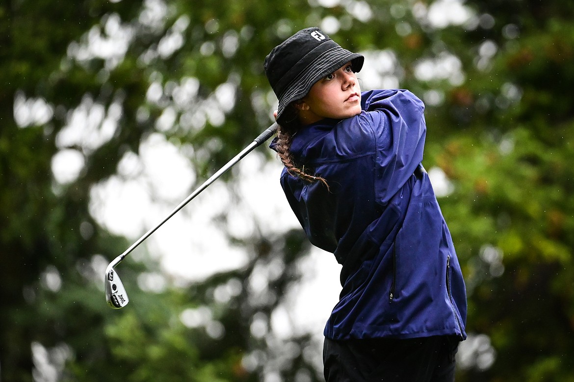 Glacier's Chloe Tanner watches her shot off the fourth tee during Western AA Divisionals at Buffalo Hill Golf Club on Thursday, Sept. 22. (Casey Kreider/Daily Inter Lake)