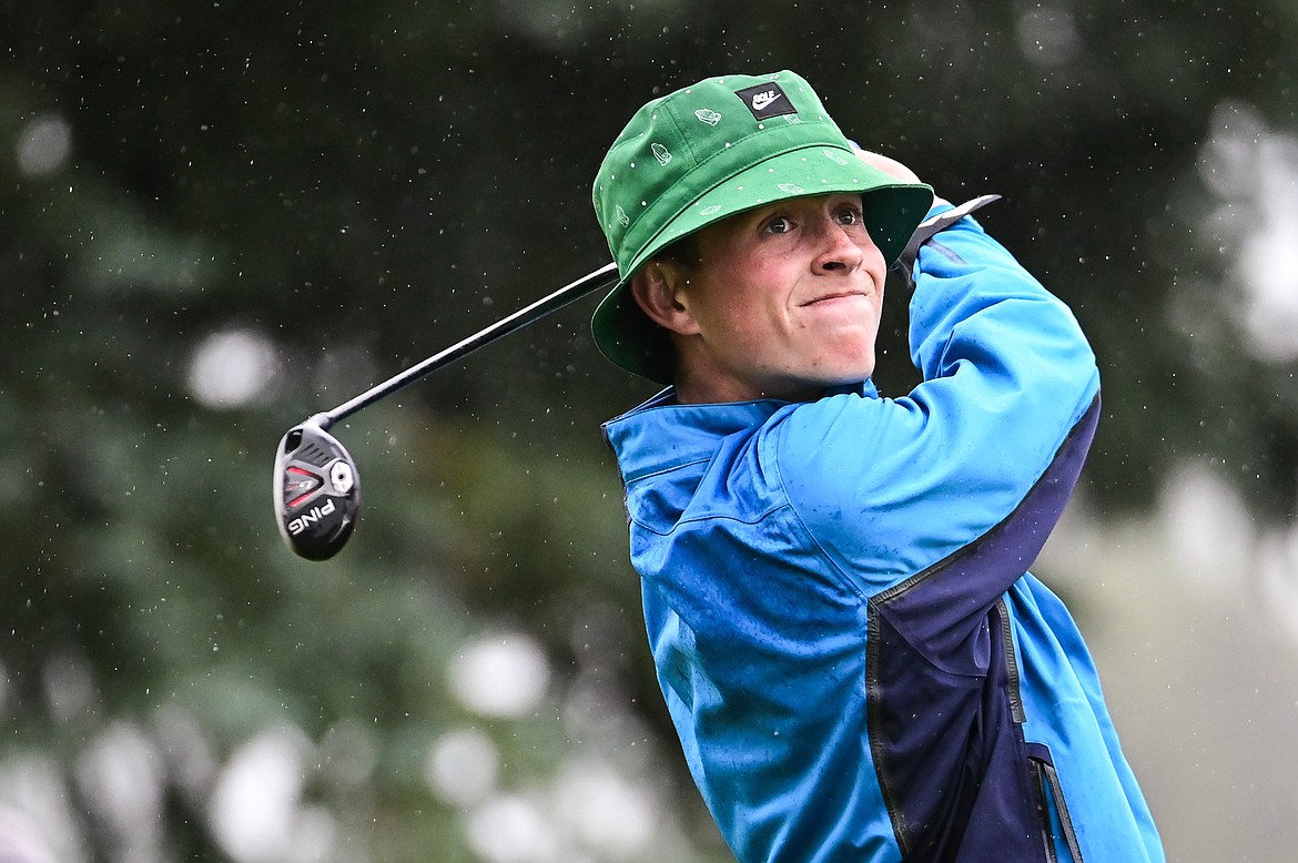 Glacier's Tyler Avery watches his drive off the first tee during Western AA Divisionals at Buffalo Hill Golf Club on Thursday, Sept. 22. (Casey Kreider/Daily Inter Lake)