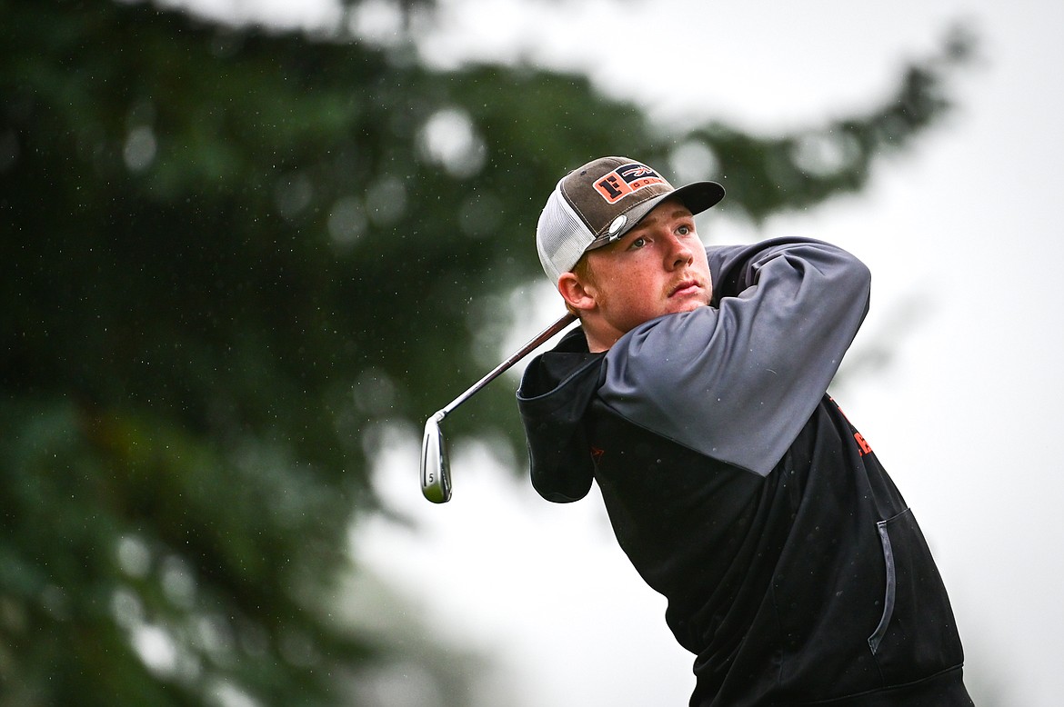 Flathead's Tyler Williams watches his drive off the first tee during Western AA Divisionals at Buffalo Hill Golf Club on Thursday, Sept. 22. (Casey Kreider/Daily Inter Lake)