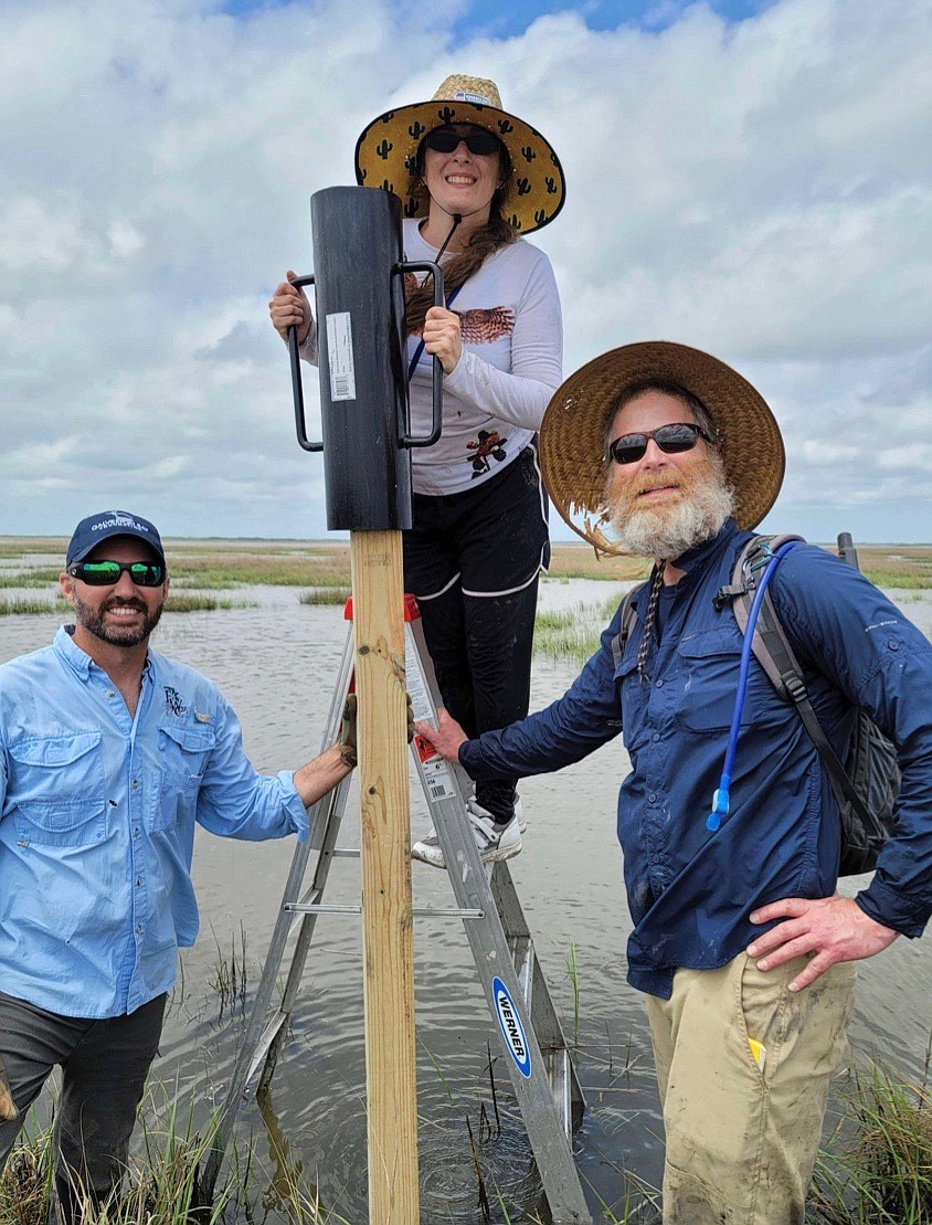 Christopher Evelyn, Connie Woodman and Doug Bonham, with technology startup Field Data Technologies, perform field tests of new wildlife monitoring technologies in Texas.  (Courtesy photo)